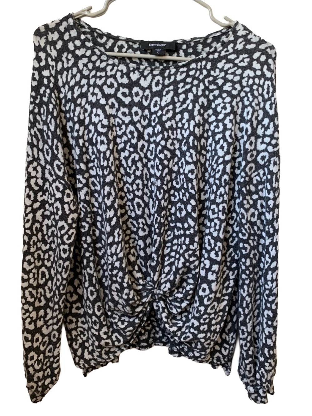 KAREN KANE Dark Light Gray Animal Print Gathered Front Long Sleeve Sweater